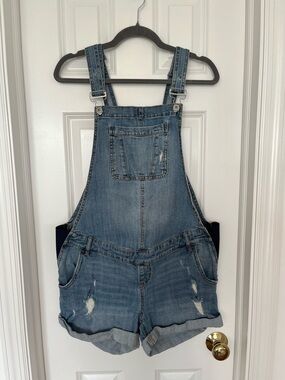 Indigo Blue Distressed Denim Maternity Overall Shorts - Size Large